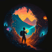 a painting of a person in a cave with a backpack holding a flashlight