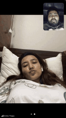 a man and a woman are on a video call with the name eisha thapa at the bottom right