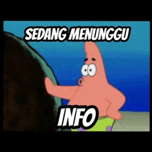 a cartoon of patrick star from spongebob squarepants with the caption sedang menunggu info