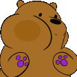 a cartoon brown bear with purple paws is sitting on a white background .