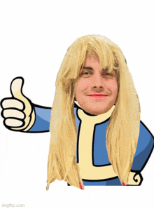 a man with long blonde hair is giving a thumbs up sign