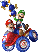 mario and luigi are riding a red and blue atv with mario and luigi written on the tires