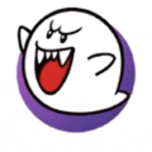 a cartoon of a ghost with a purple circle around it and a red tongue sticking out .