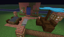 a screenshot of a minecraft game with a brick wall and a waterfall