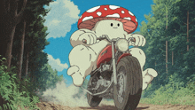 a cartoon illustration of a mushroom riding a motorcycle on a dirt road