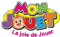 a colorful logo for mon jouet with a monkey on it