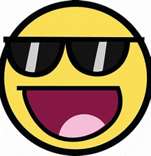 a cartoon smiley face with sunglasses on and a big smile .