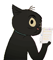 a black cat holding a piece of paper with favorite colors written on it