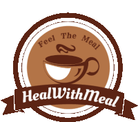 a logo for heal with meal with a cup of coffee