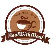 a logo for heal with meal with a cup of coffee