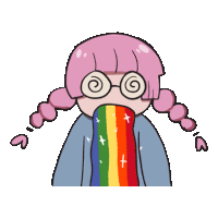 a cartoon girl with pink hair and glasses is blowing a rainbow through her mouth