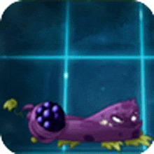 a purple monster with a purple paw is laying on a blue tile floor .