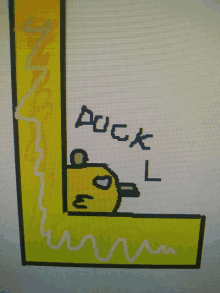 a drawing of a yellow duck with the words duck l written on it