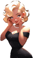 a blonde woman in a black dress and pearls is smiling