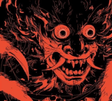 a close up of a drawing of a monster with big eyes and sharp teeth on a black background .