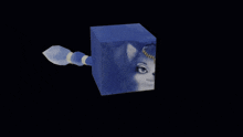 a blue cube with a cat 's face and tail on it