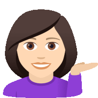 a woman in a purple shirt is smiling and pointing