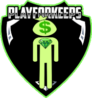 a logo for playforkeeps shows a man with a bag of money and a diamond