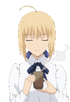 a blonde anime girl with her eyes closed is holding a cup of tea