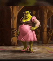 shrek in a pink dress and high heels stands in a room