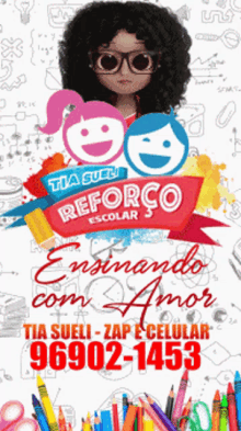 a poster for tia sueli reforco escolar with a girl and a boy