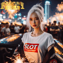 a woman wearing a slot t-shirt is holding sparklers in front of a car