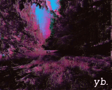 a painting of a forest with the word yb on the bottom right