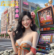 a woman is standing in front of a slot machine that says casino on it