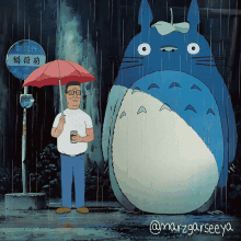 a cartoon of a man holding an umbrella standing next to a blue totoro