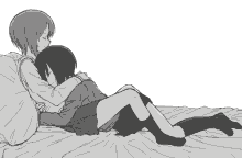 a black and white drawing of two girls hugging each other on a bed