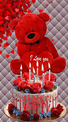 a teddy bear sitting on top of a birthday cake that says i love you on it