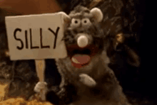 a stuffed animal holds a sign that says silly