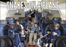 a group of kids are riding scooters on an airplane with the words snakes on a plane above them