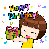 a cartoon girl is holding a gift box with the words happy birthday written on it