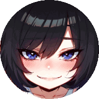 a black haired anime girl with blue eyes is smiling