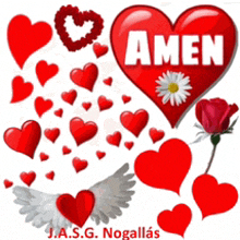 a red heart with the word amen written on it