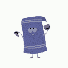 a cartoon character of a blue towel holding a sandwich