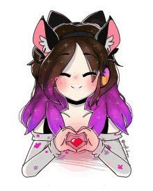 a drawing of a girl with cat ears and purple hair making a heart with her hands