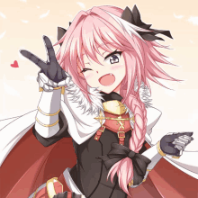 a pink haired anime girl giving a peace sign