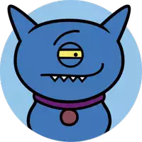 a cartoon drawing of a blue monster with a purple collar