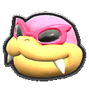 a close up of a cartoon character wearing a pink mask and sunglasses .