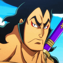 a cartoon character holding a purple sword with a star on it