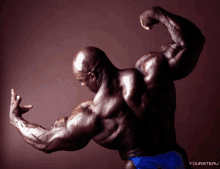 a bodybuilder flexes his muscles in front of a brown background