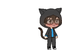 a boy with glasses and a cat tail is wearing a black hoodie with cat ears