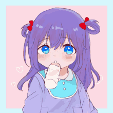 a little girl with purple hair and blue eyes drinking from a bottle