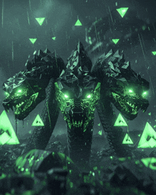 a snake with three heads is surrounded by green triangles in the rain