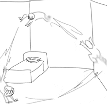 a drawing of a room with a bed and a person jumping in the air