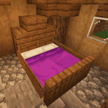 a wooden bed with a purple blanket and white sheets