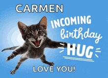 carmen incoming birthday hug love you with a cat on a blue background