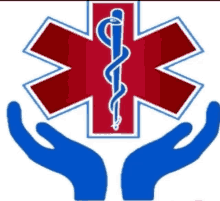 a pair of blue hands holding a red and white medical symbol